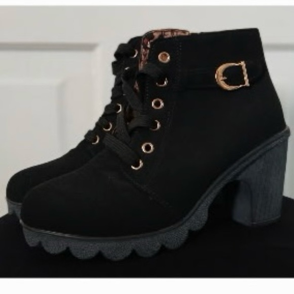 Black Ankle Boots with Gold Buckle
